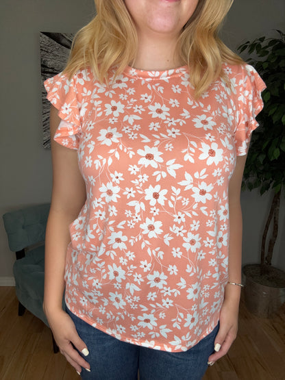 Coral flutter sleeve floral top