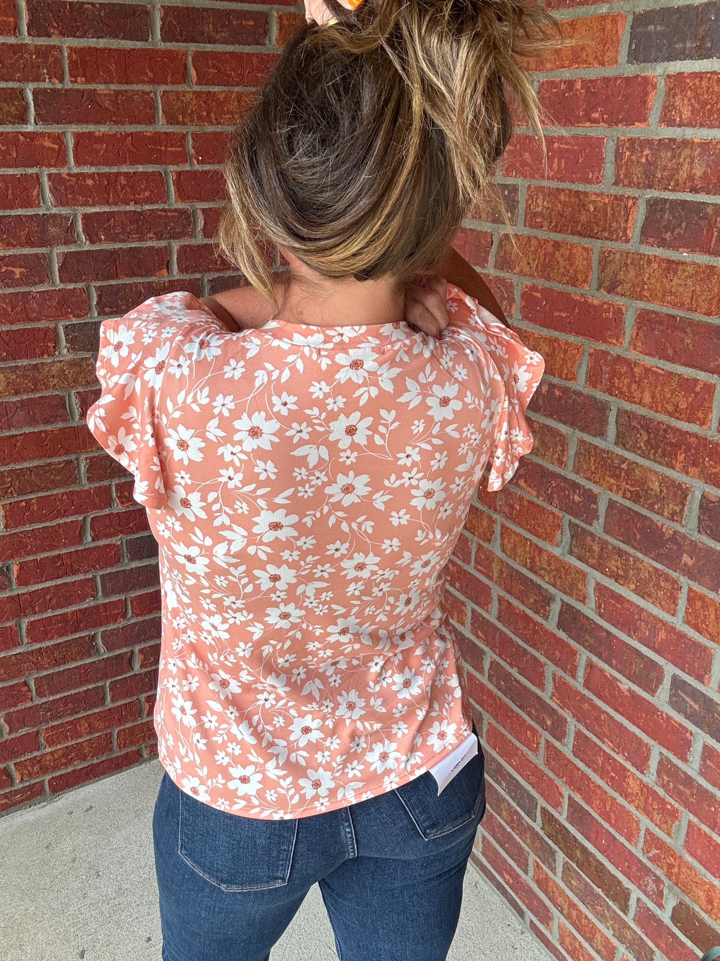 Coral flutter sleeve floral top