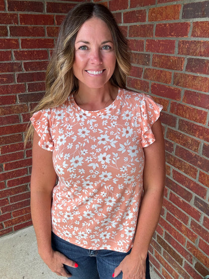 Coral flutter sleeve floral top