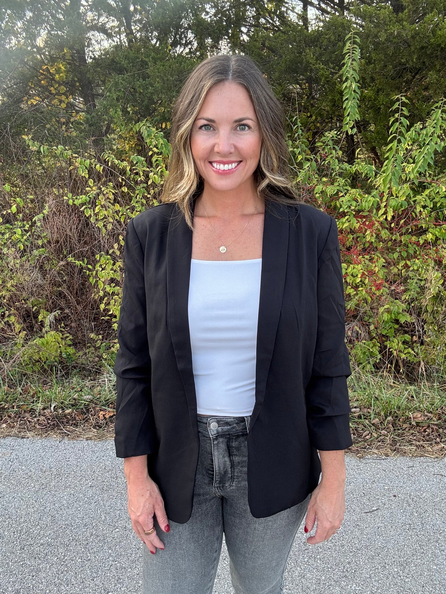 Black Ruched Sleeve Blazer